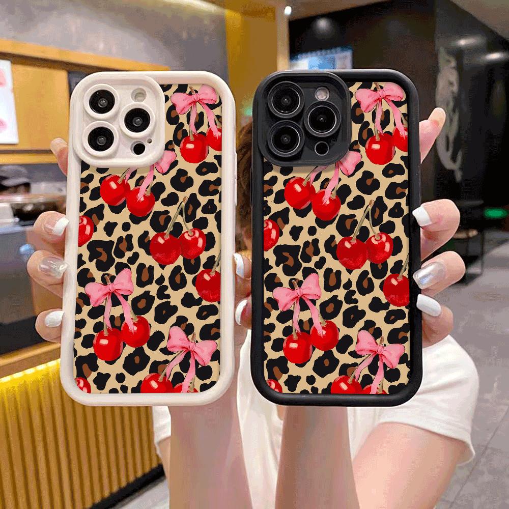 Cherries Pink Bows On Leopard Print Shockproof Phone Case for Xiaomi Redmi Note 14 13 12 11 10 9 8 Pro Anti-Slip Soft TPU Cover