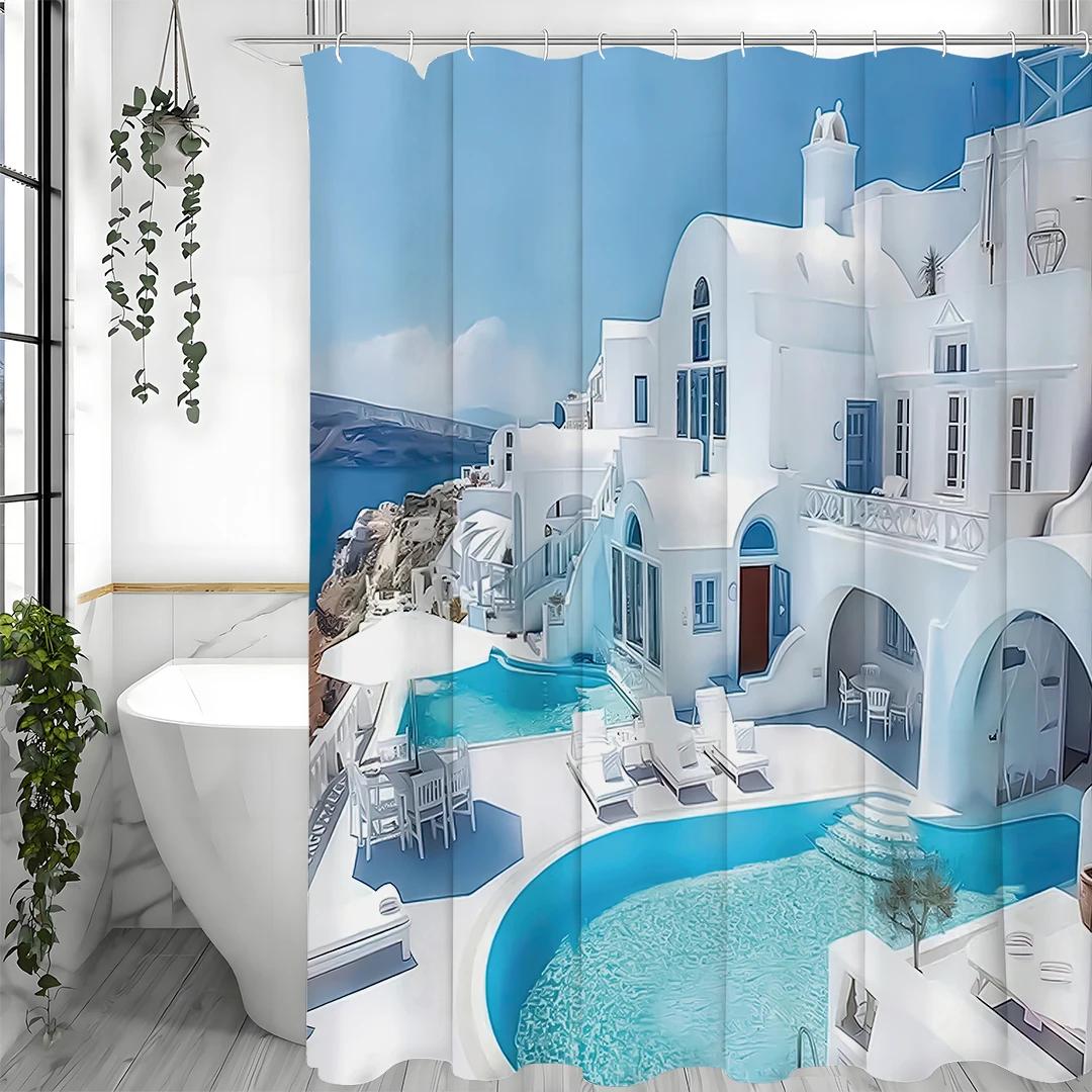 

White Architecture In Santorini, Greece Shower Curtains, Bathroom Decorative Shower Curtains, Waterproof Shower Curtains With Ho W60H190(CM)-1 Pcs