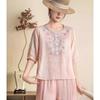 Womens Pink Linen Blouse Casual Floral Embroidered Half Button 3/4 Sleeve Top