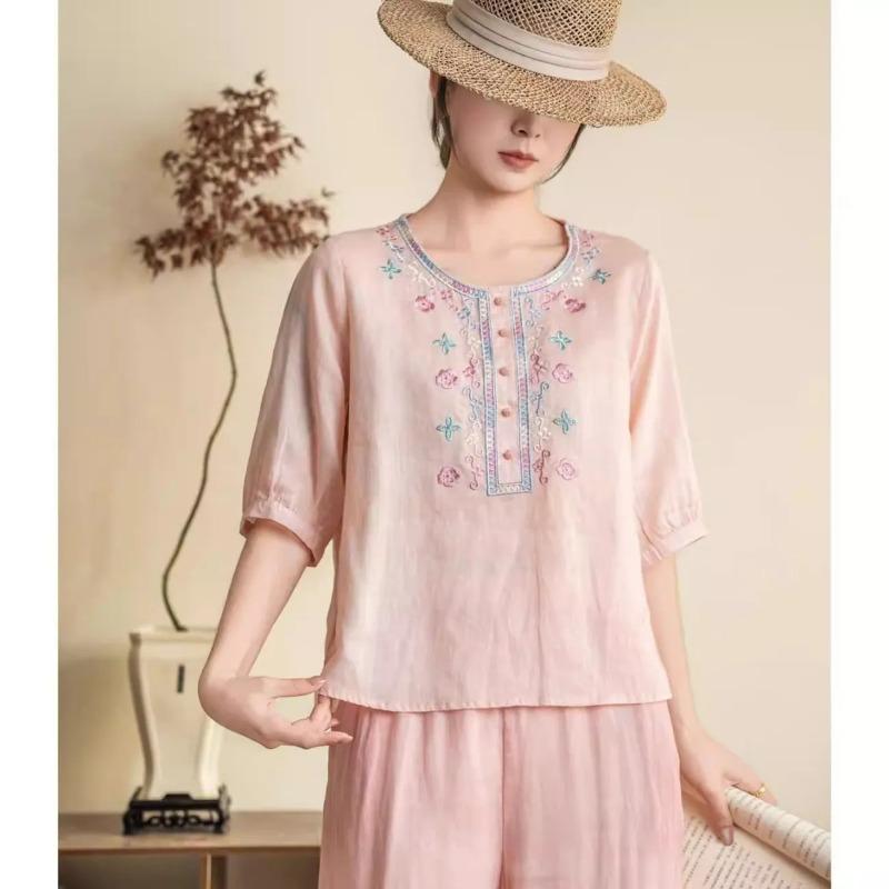 Womens Pink Linen Blouse Casual Floral Embroidered Half Button 3/4 Sleeve Top