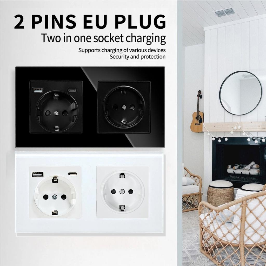 European Standard USB Wall Socket Tempered Glass Panel Socket Household Concealed Round Box Installation Socket Batch