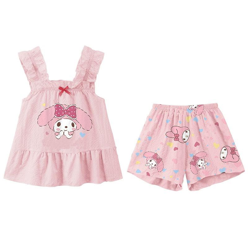 2Pcs Sanrio Hello Kitty Two Piece Pajama Set Sleeveless Vest Shorts Thin Lightweight Summer Girls Baby Homewear Fashionable 100cm