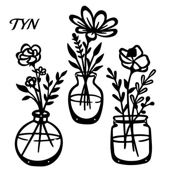 Commercial Space Wall Decoration 3Pcs Black Metal Flower Decor, Rustic Farmhouse Boho Art, Minimalist Iron Sculpture Vase Floral Hanging Decor