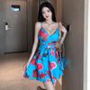 Summer Nightclub Small Sexy Suspender Halter Print Dress Mini Beach Dress Vacation Skirt