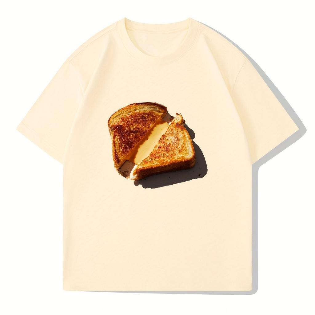 Summer Unisexs Pure Cotton Vintage Cheese Bread Pattern Tshirt Oversized Loose And Breathable Suitable For Everyday Wear