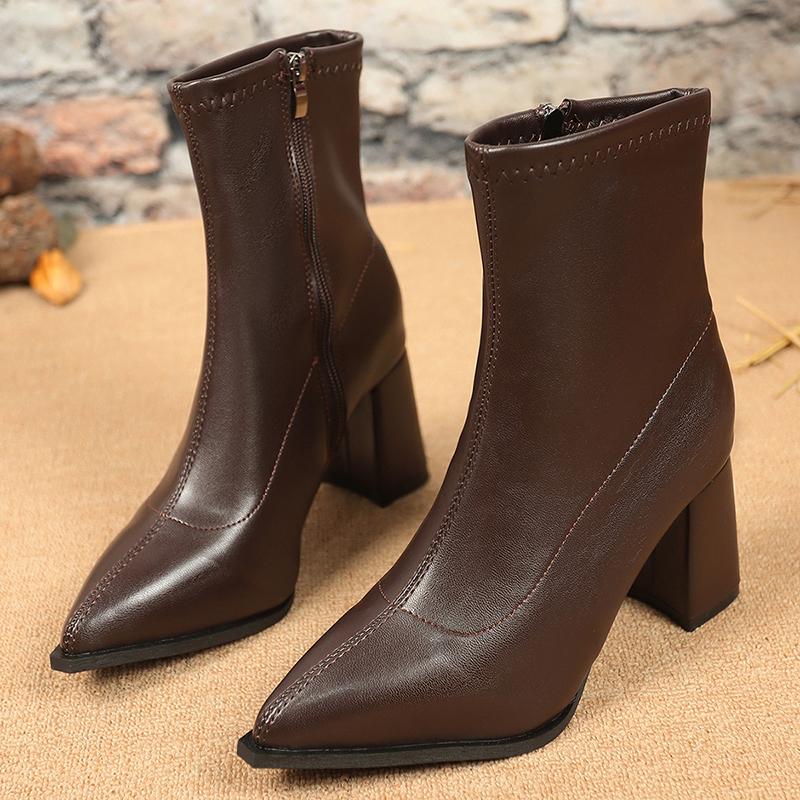 

Модные Модные Ботильоны с Острым Носком для Женщин Толстый Каблук Осенне-Зимняя Обувь Молния Женские Боты Mujes 35 коричневый