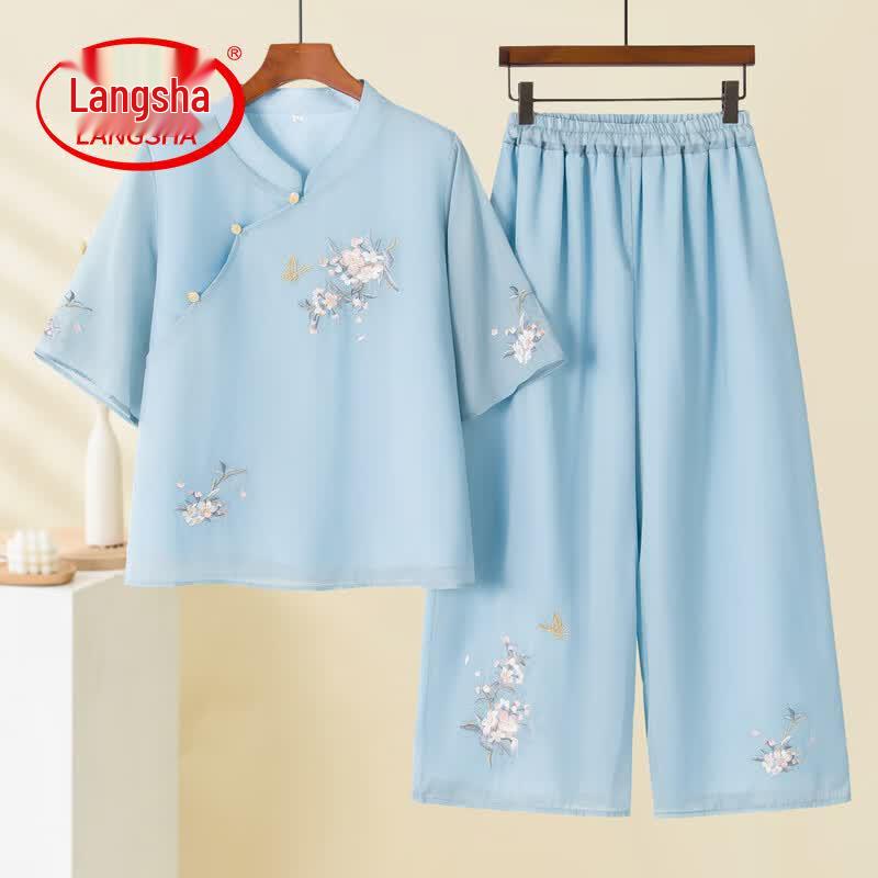 Langsha Women s Chiffon Embroidered Summer Two-Piece Set 3XL