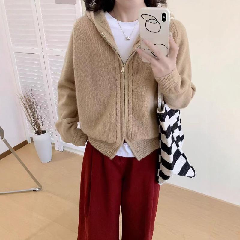 Double Zipper Hooded Sweater Jacket Women's Clothing Autumn and Winter New Loose Lazy Wind Knitted Cardigan Women