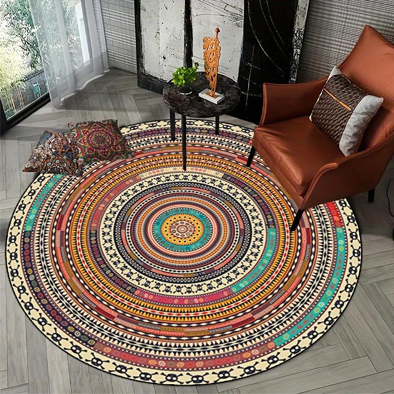 1pc Golden Round Rug and Black Geometric Pattern Carpet Coffee Table Mat Bar Area for Bedroom Living Room Dining Home Decorativ