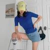 New Arrivals Open Run Women STripe T shirT Slim fiT Blue shorT Sleeve