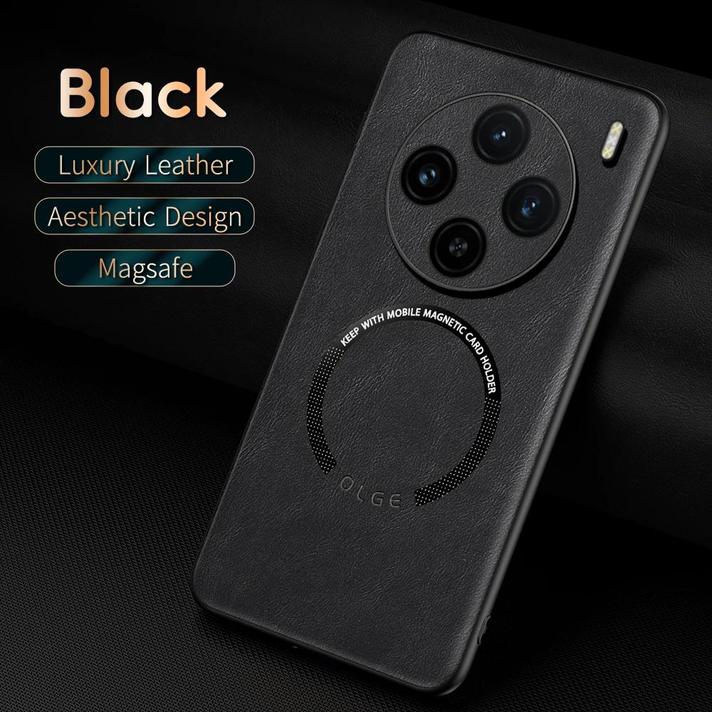 

OLGE Роскошный чехол из телячьей кожи с классической текстурой для VIVO X100 X100 Pro Поддержка магнитного держателя для автомобиля, подставки, чехол для беспроводной зарядки For VIVO X100 Pro чёрный
