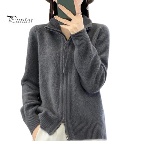 Женский вязаный свитер, пальто с высоким воротником, длинным рукавом, двойной застежкой-молнией, осенне-зимний однотонный трикотаж серый