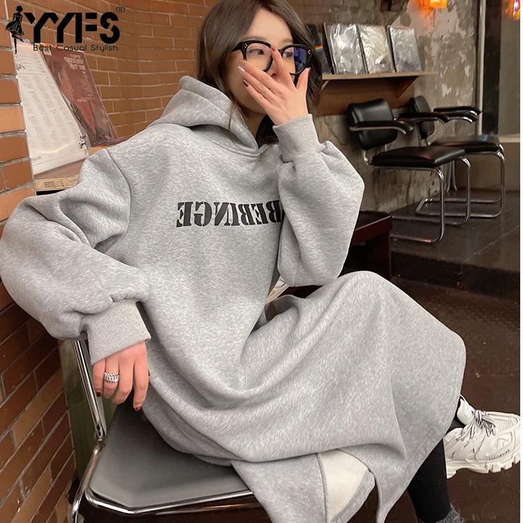 YYFS Mote for kvinner Høst Vinter Langermet Hette Løs Midje Hverdagskjoler