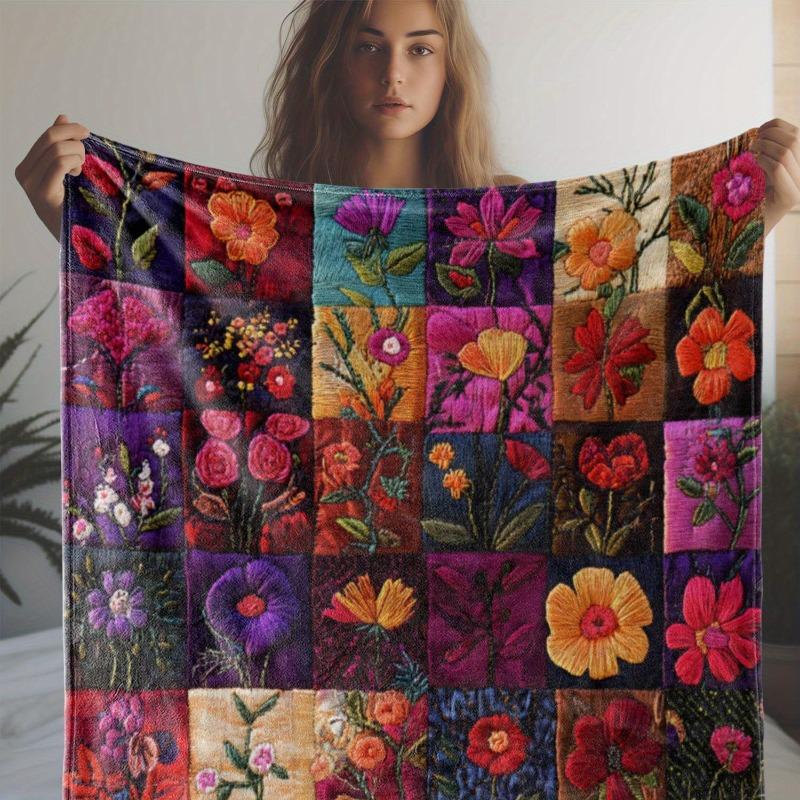 Vintage Green Floral Plaid Flannel Throw Blanket Soft Cozy Couch Bed Car Office Camping | All-Season Gift Blanket Retro Style