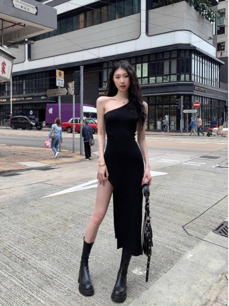 Summer Spice Girl Irregular Slant Shoulder Suspender Dress Women's Waist Design Sense Niche Slim Split Hip Wrap Long Dress