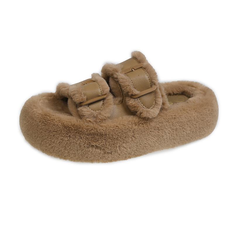 

Thick-soled fluffy slippers for women to wear 2024 new winter fashion belt buckle plush cotton mop fluffy shoes 40 хакі