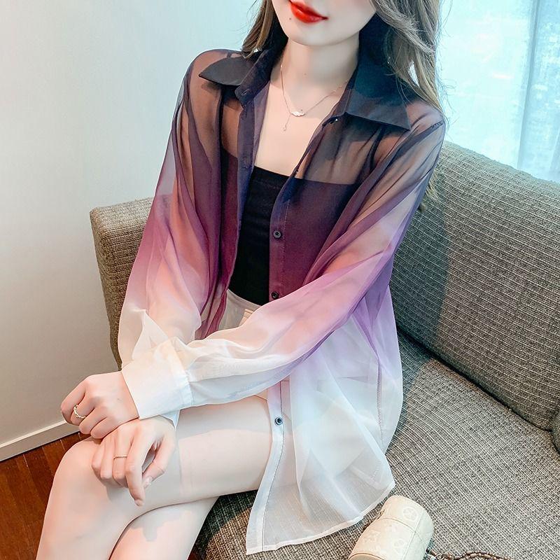 2025 Summer French Style Elegant Sheer Tie-Dye Gradient Sun Protection Loose Shirt Jacket for Women