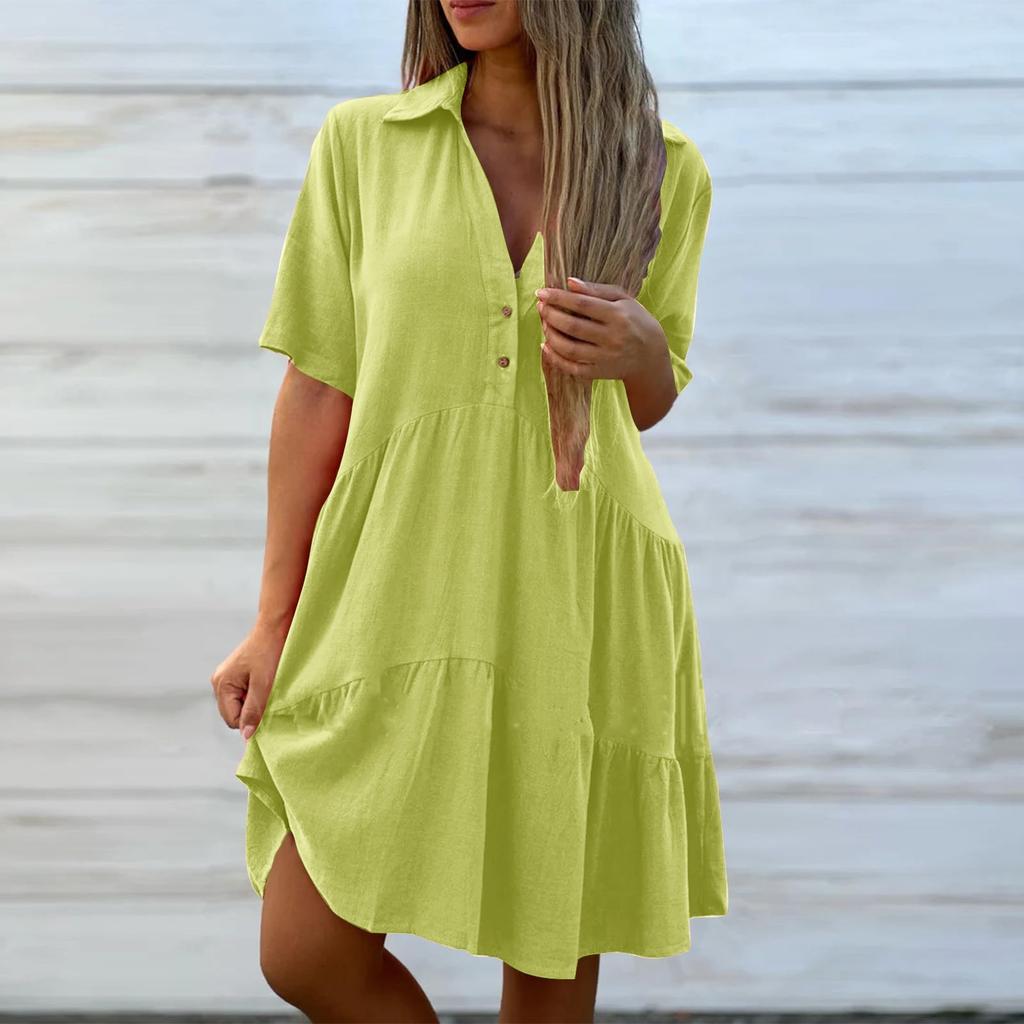 Summer Loose Color Lapel Casual Short Sleeved Cotton Linen Dress