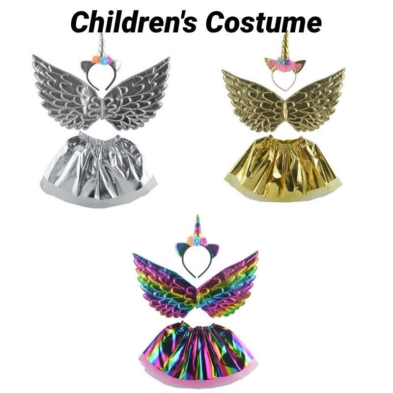 Unicorn Children Costume Headband Skirt Wings Party Clothing Outfit Performance