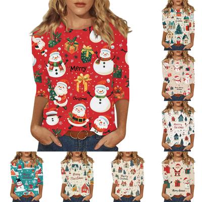 Dame Mote Casual Trekvartsermet Juleprintet Rund Hals Pullover Topp