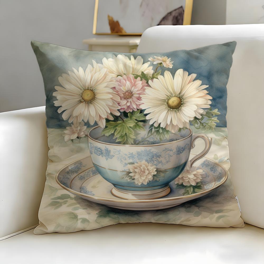 Trendy Ccup of Flowerses Cushion Cover Soft  EasyWash Pillow Case  Versatile for Couch Bed Travel and Office