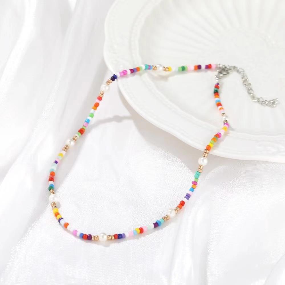 Women's Clavicle Necklace Set: White Rice Beads, ABS Pearl, Shell, Soft Clay Flower, Cherry Pendant