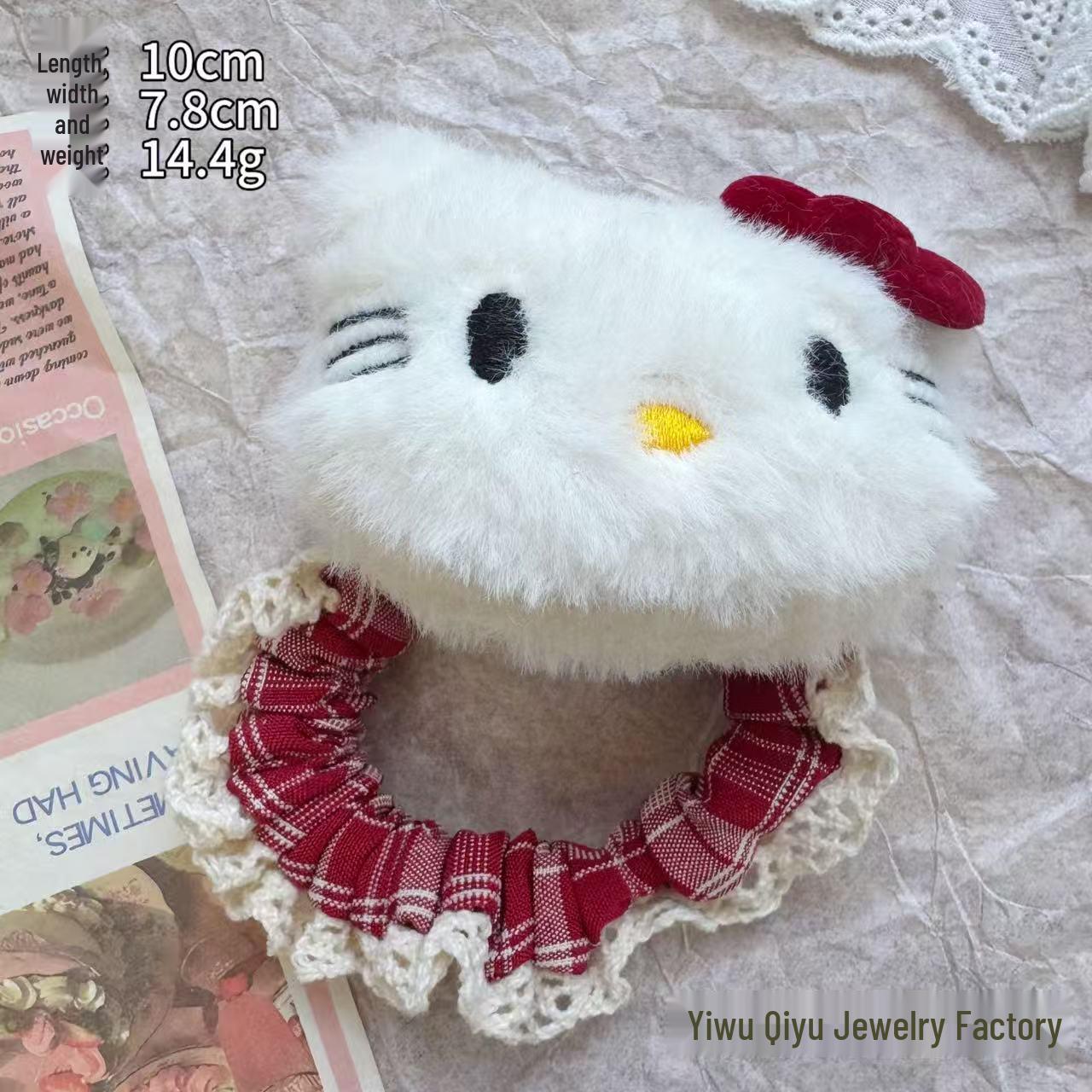 KT Cartoon Plush Bow Red Plaid Lace Hair Tie Ponytail Holder for Girls