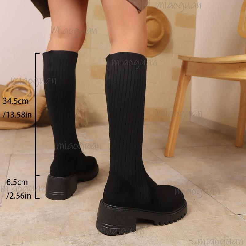 Fashion 2025 Autumn New British Style Suede PU Elastic Sock Long Boots Thick Soled Knee High Boots Size35-42 Women's Fashion Botas Altas