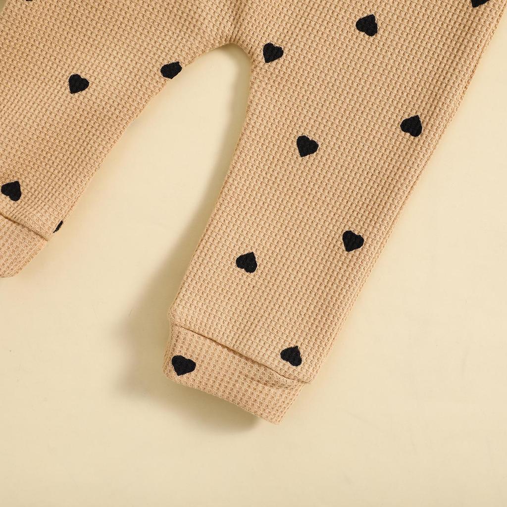 Girls' Heart Print Waffle Romper Set: Long Sleeve Romper, Long Pants & Headband.
