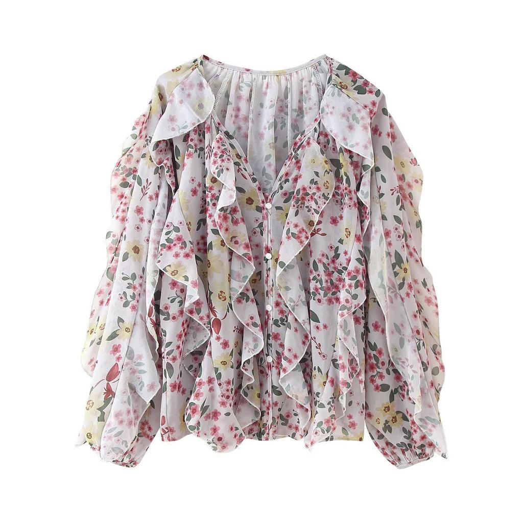 Camisa Casual con Volantes para Mujer Tops Holgados con Cordones y Aberturas en V Blusas de Primavera Ropa para Mujer