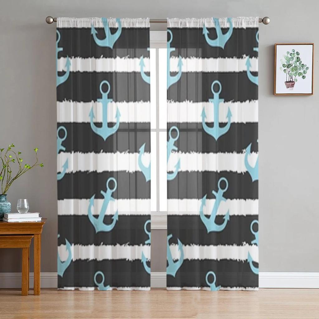 Blått ankare stänkfärg skir gardin för sovrum tyll voile gardin för kök vardagsrum dekor fönsterbehandling
