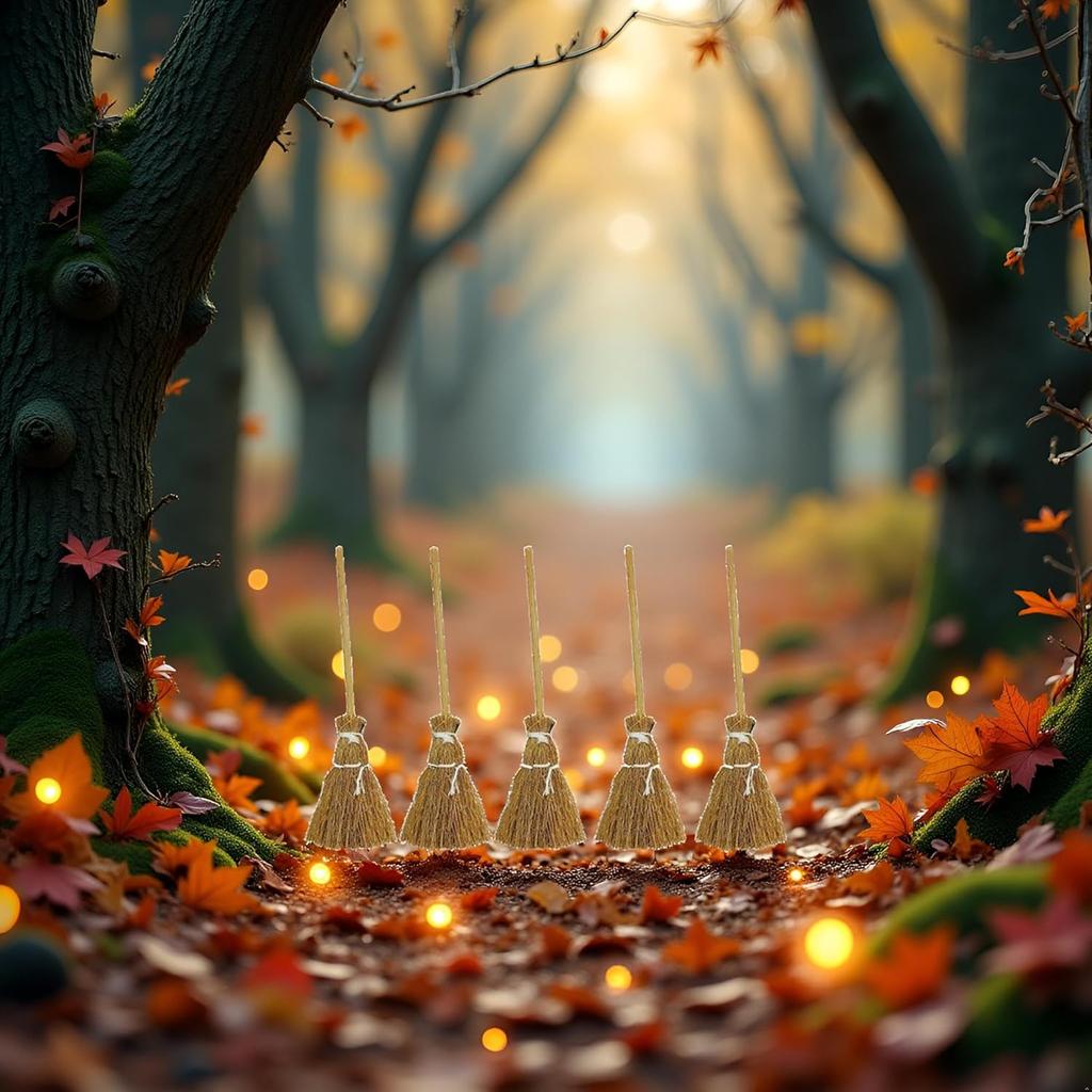 5 Pcs Witch Broomstick Set - Miniature Broom Props, Fairy Decoration, Cinnamon Broom, with White Ropes Halloween Straw Craft Decoration Witches