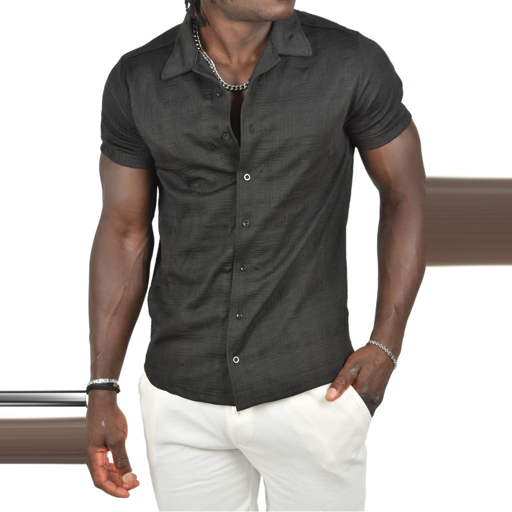 DeepSEA Oversized Shirt with Open Collar and Seersucker Buttons Short Sleeves 2403017