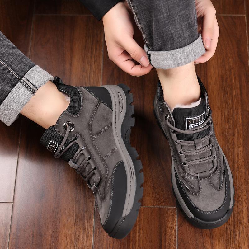 High top casual cotton leather shoes for men  cotton shoes with plush insulation and thickened outdoor cold proof snow boots