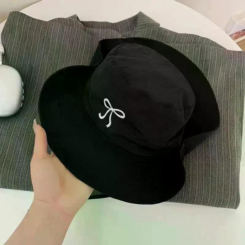 1Pcs Summer Hiking Camping Caps Fashion Bow Embroidery Quick Dry Bucket Hat Wide Brim Fordable Sunscreen Y2K Hats Girl Women