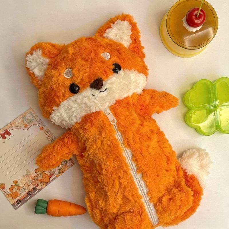 Cute New Fox Plush Pencil Bags Cute Kawaii Animals Pen Case Student Fun Cartoon Stationery Cute Anime Storage Bag For Friends Gift