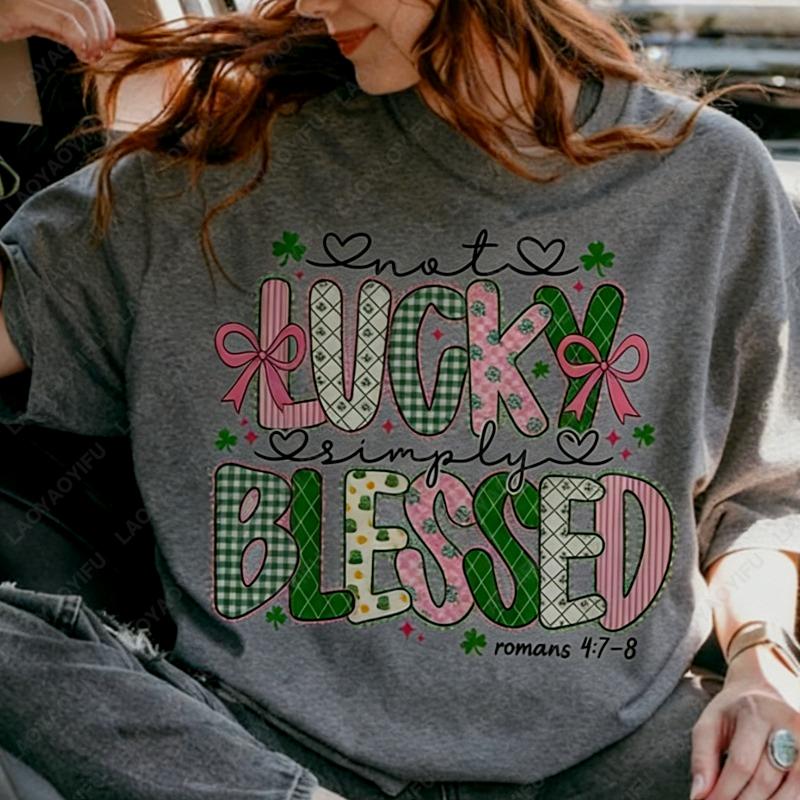 

St Patricks Day Casual Cotton Shirts Lucky Clover Pink Bow Cute Style Oneck Printed Tops Fun Irish Women Dress Y2K Ropa Mujer 4XL