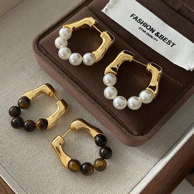 Retro Kaplan Gözü Taşlı İnci Küpe Düğün Nedime Fransız Küpe Moda Hafif Lüks Zarif Maillard Küpeler