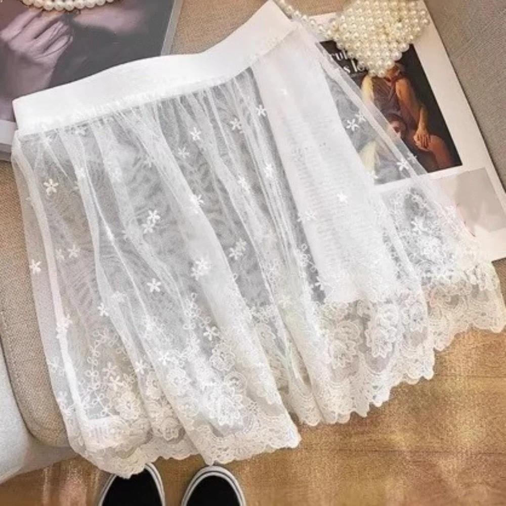 Transparent Safety Skirt Petticoat Embroidery Flower Mesh Underskirt Slips Dress  Female