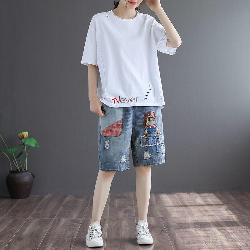 Women's New Summer Cowboy Shorts Thin Loose Slim Versatile Elastic Waist Straight Leg Pants
