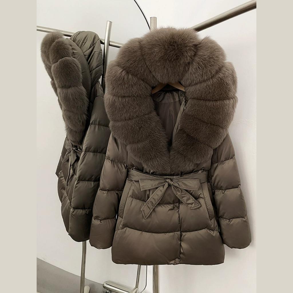 Winter Fox Big Fur Collar High-end Thickened Down Jacket Women's Mid-length Waist Imitation Leather Jacket