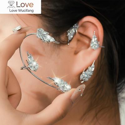 Silberfarbene funkelnde Zirkon-Ohrclips ohne Piercing für Frauen, Blätter, Feder-Ohrmanschette, Ohrclips, Modeschmuck