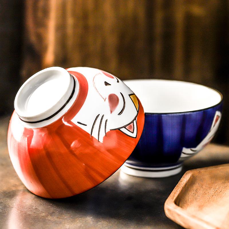 Set of 2pcs Cartoon Cat Bowl Ceramic Rice Bowl Cute Kitten Design Salad Bowl Maneki Neko Gift Household Dinnerware 4.5 Inch