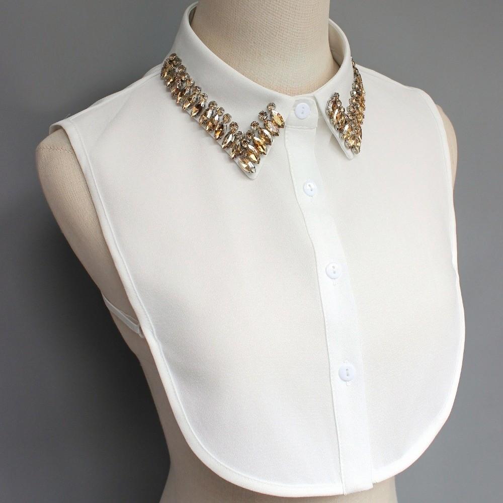 White Chiffon Fake Collar Handmade Beaded Decoration Lapel Style Detachable Collar Rhinestone Decoration Button Detail