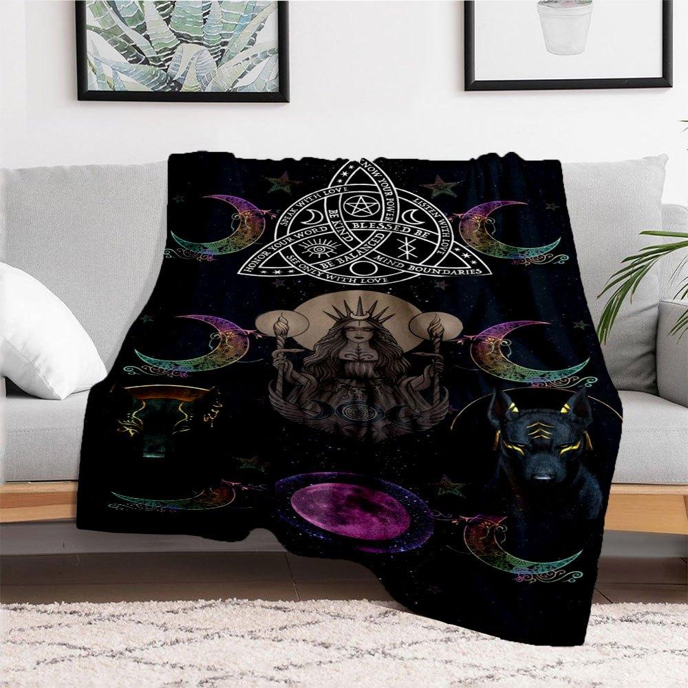 " Moon Phase Goddess and Dogs Wallpaper "Blanket Flannel Throw Blanket for Sofa, Bed, Travel, Camping, Office