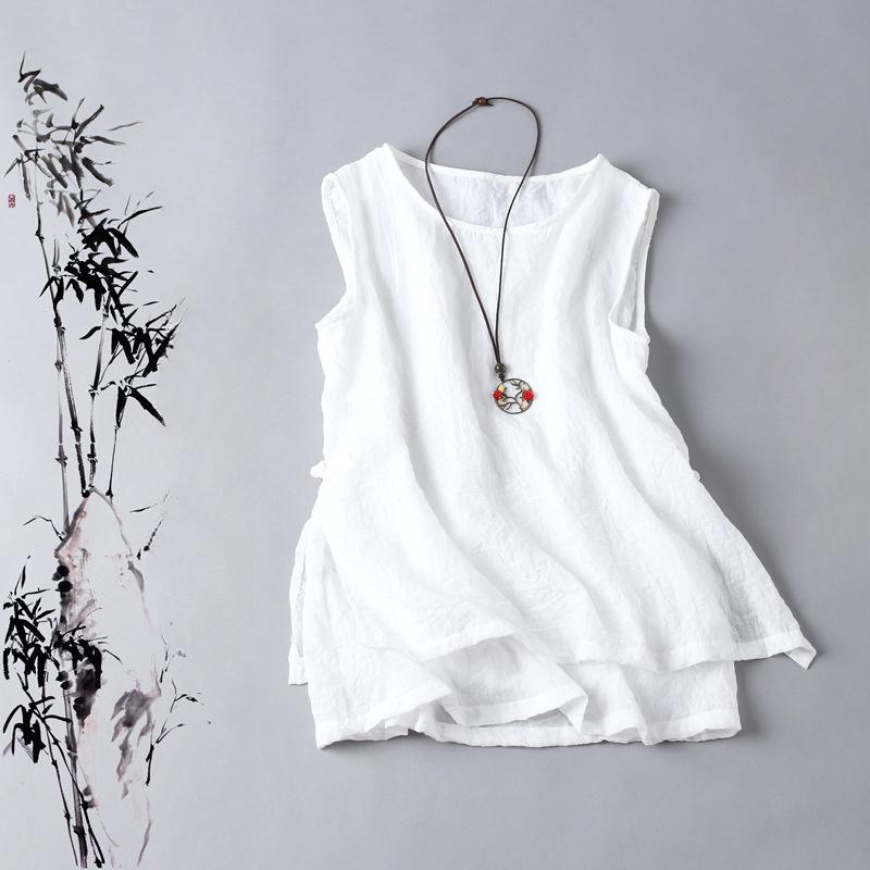 Dámské letní volné ležérní tílko s kulatým výstřihem a bez rukávů, dvouvrstvé, bavlněné a lněné topy