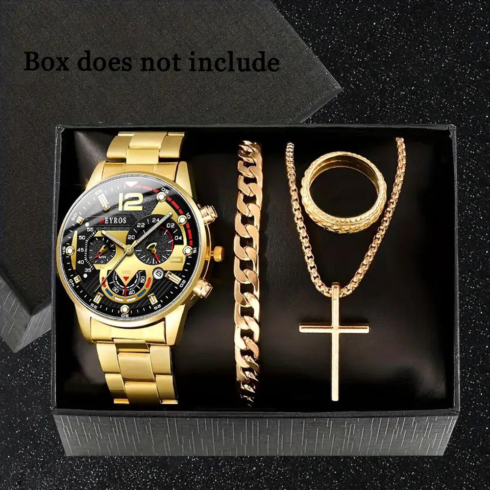 Watch 4-Piece Set Men S Steel Belt Watch Quartz Watch Fashion Watch Set