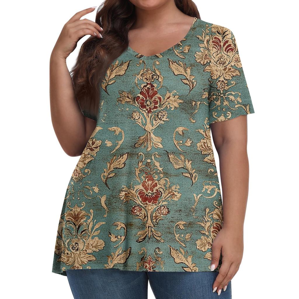 Women's Fashion Casual V-Neck Pullover Short Sleeve Large Size Vintage Printed Top