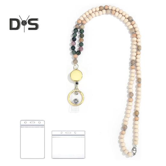 Women Lanyard Retractable ID Holder Cord Natural Wood Beads Stainless Steel Clasp Teacher Keychain School Accessory