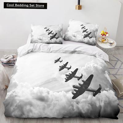 Flugzeug Königin König Voll Bettbezug Vintage Jagdflugzeug Bettwäsche-Set für Kinder Jugendliche Erwachsene Himmel Wolken Grau 2/3-teilig Weicher Bettdeckenbezug